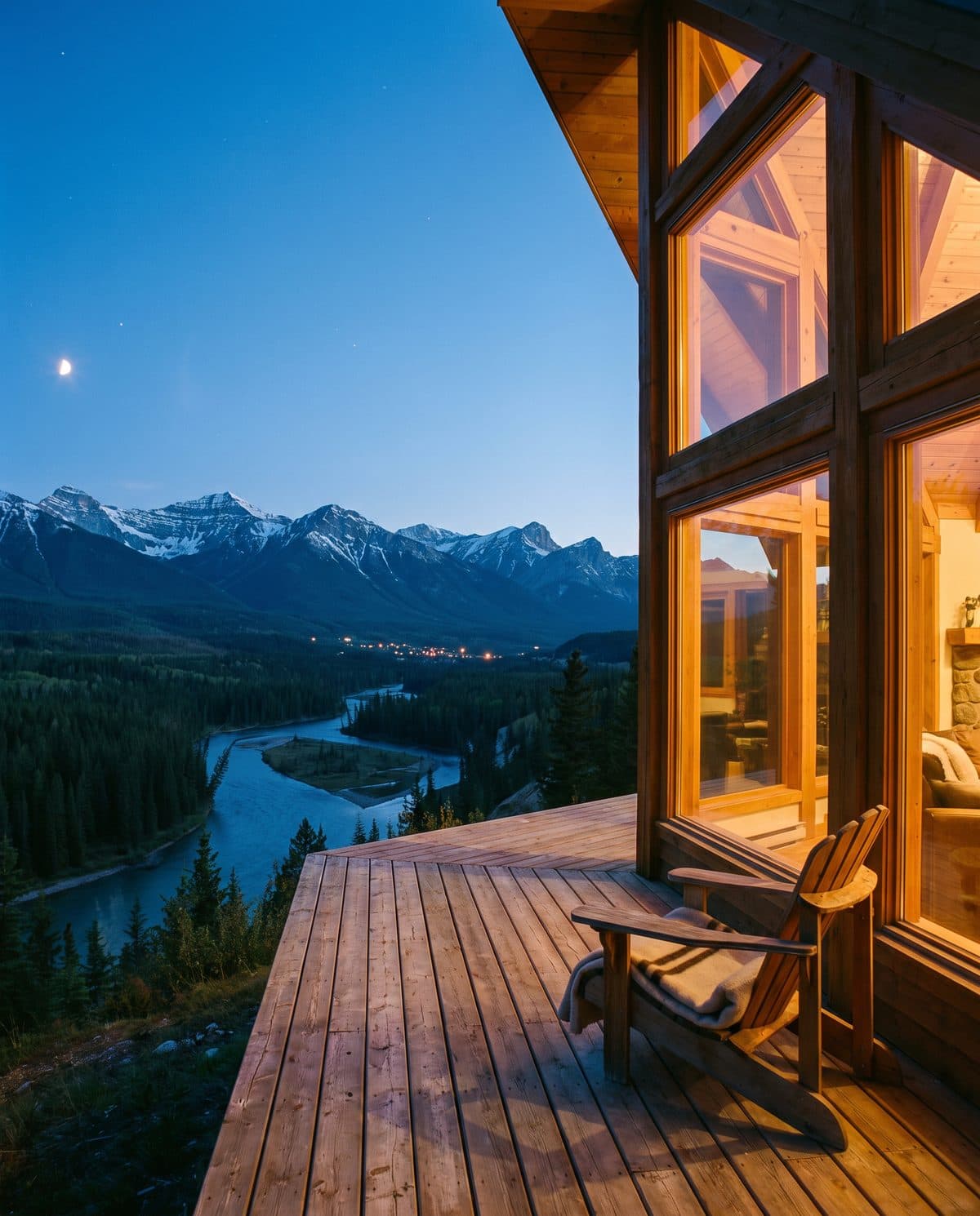 A cedar deck at dusk at a Canmore home for sale, looking over the Bow Valley toward snow-dusted peaks