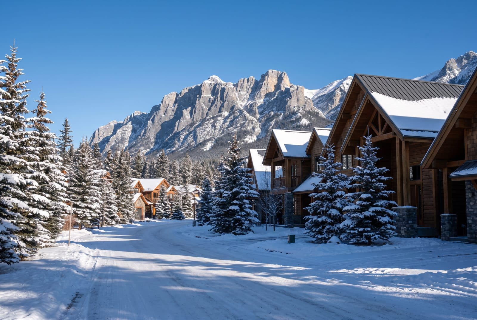 Timber-and-stone Canmore real estate on a snowy street below a limestone ridge
